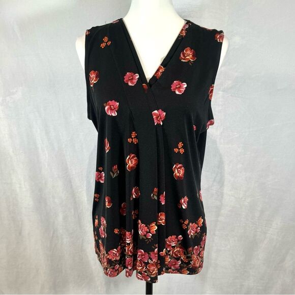 Croft & Barrow black and red double pleated vneck floral top size medium - Picture 1 of 5